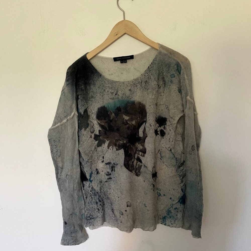 Skull Cashmere Grey Blue Abstract Skull Graphic Knit Sweater Mens Medium